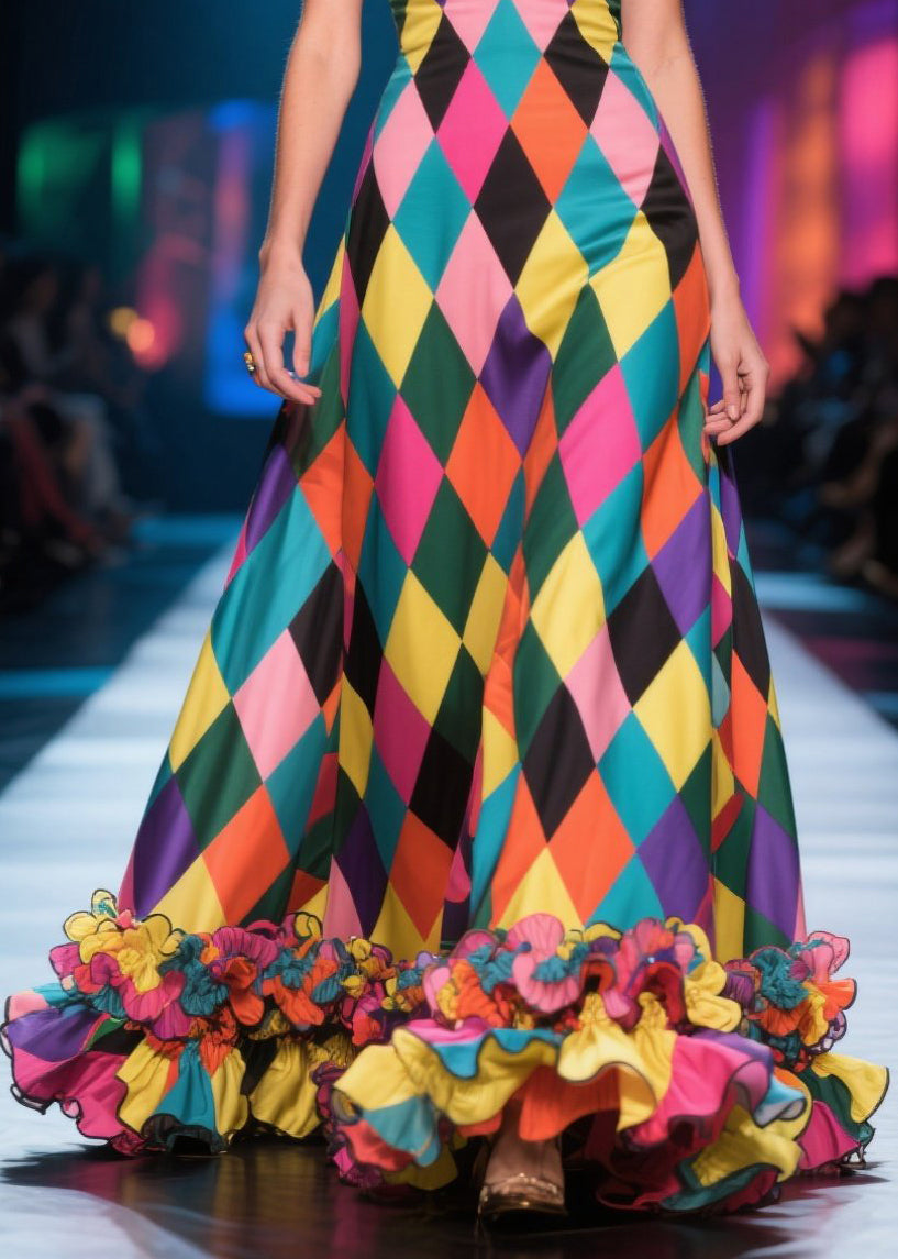 Novelty Multicolour Plaid Ruffled Silk Vestidos Dress Summer
