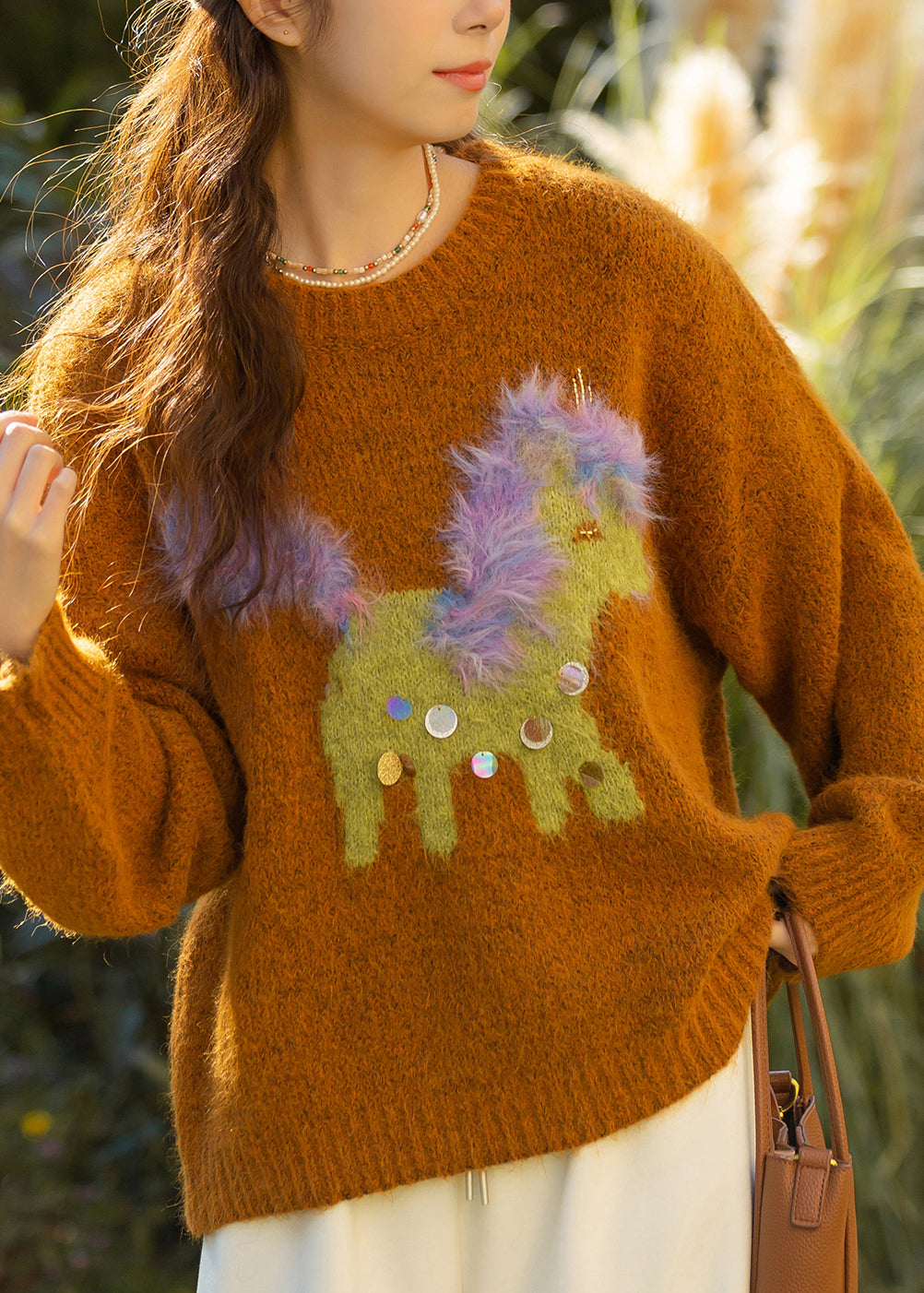 Novelty Orange O Neck Jacquard Sequins Knit Sweaters Spring