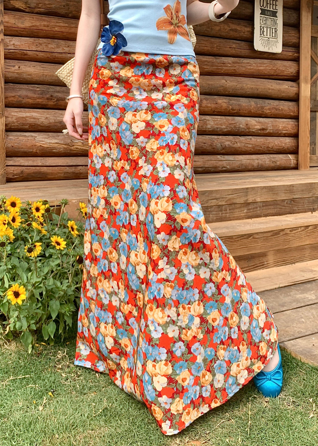 Novelty Orange Print High Waist Cotton Skirts Summer