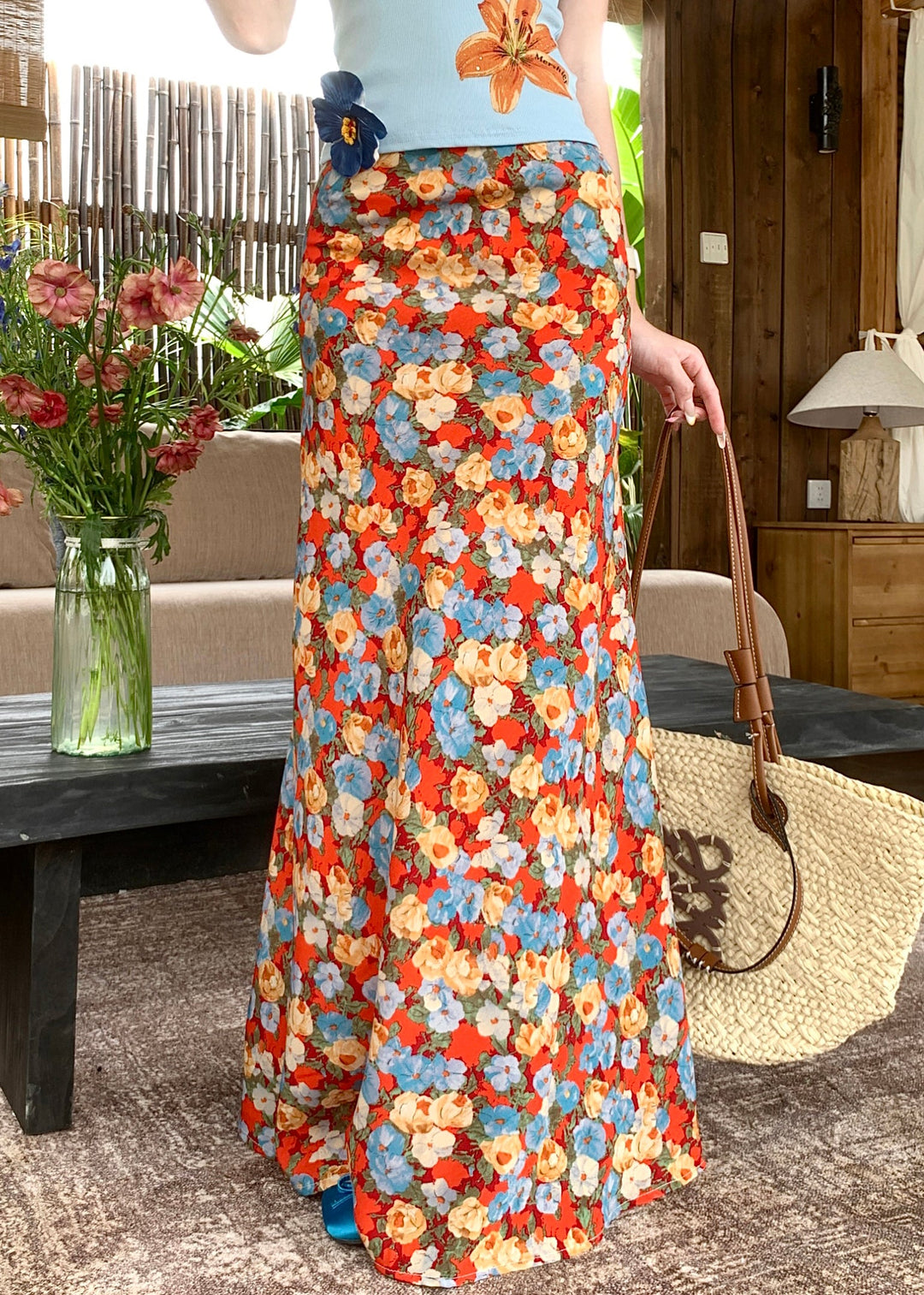 Novelty Orange Print High Waist Cotton Skirts Summer