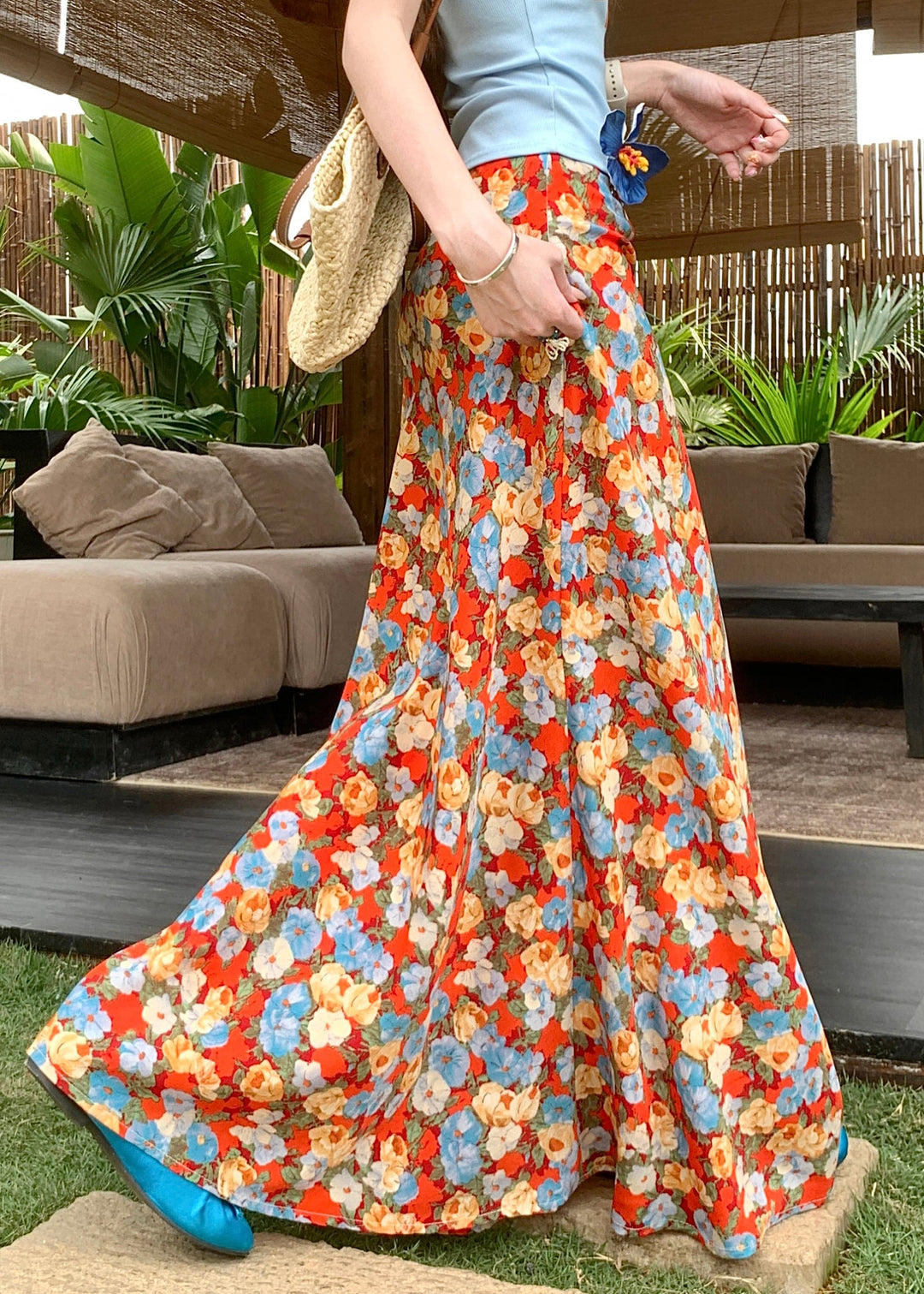 Novelty Orange Print High Waist Cotton Skirts Summer