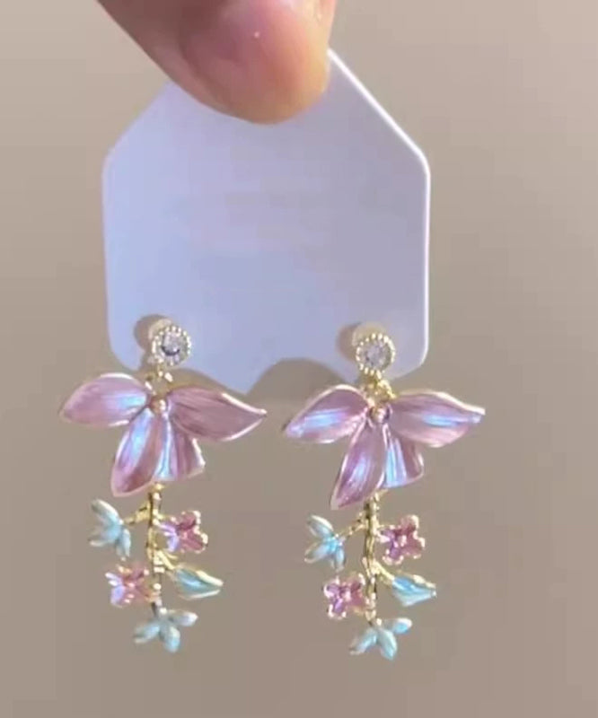 Novelty Pink Copper Zircon Floral Enamel Tassel Drop Earrings