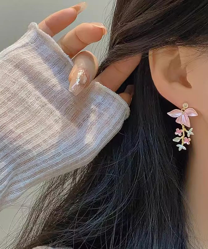 Novelty Pink Copper Zircon Floral Enamel Tassel Drop Earrings