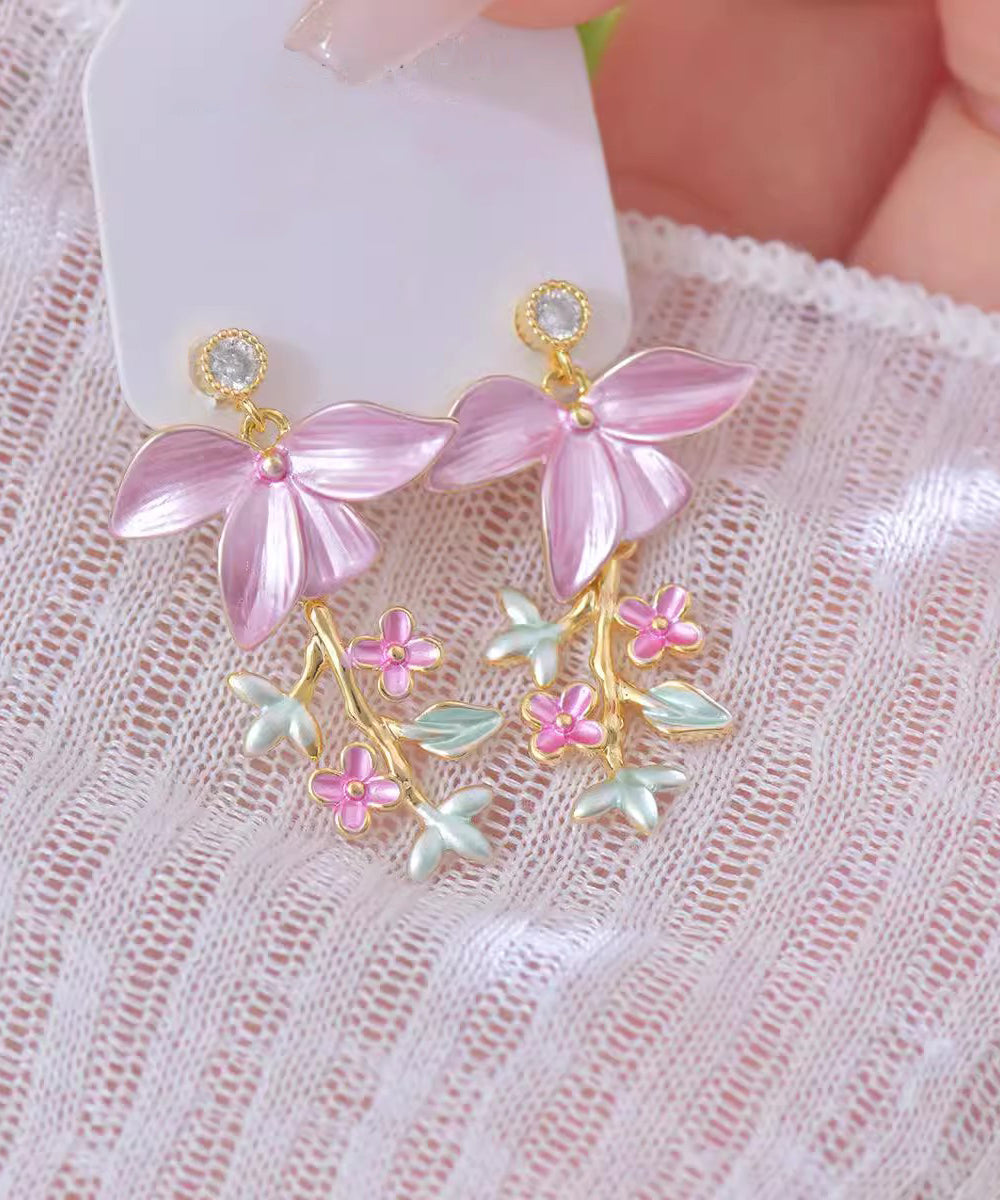 Novelty Pink Copper Zircon Floral Enamel Tassel Drop Earrings