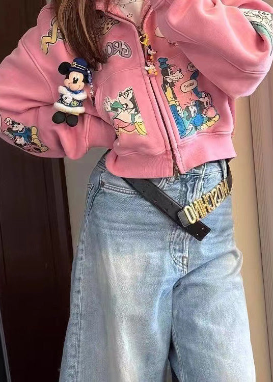 Novelty Pink Oversized Cartoon Print Cotton Hooded Jacket Fall