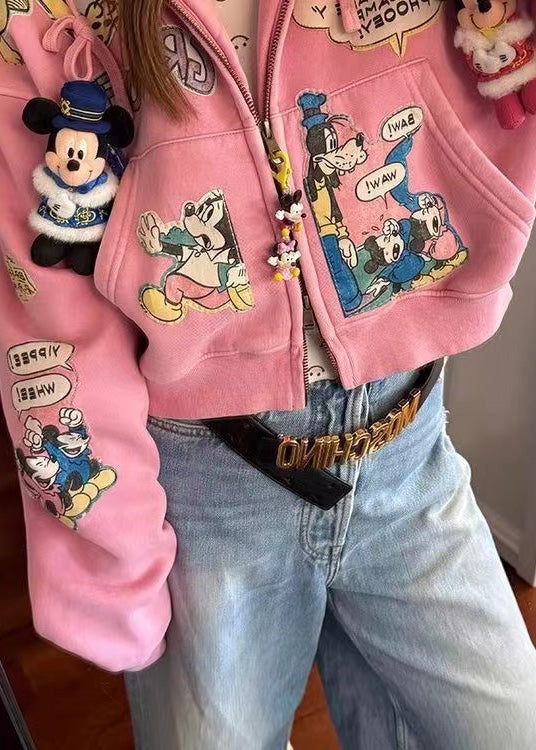 Novelty Pink Oversized Cartoon Print Cotton Hooded Jacket Fall