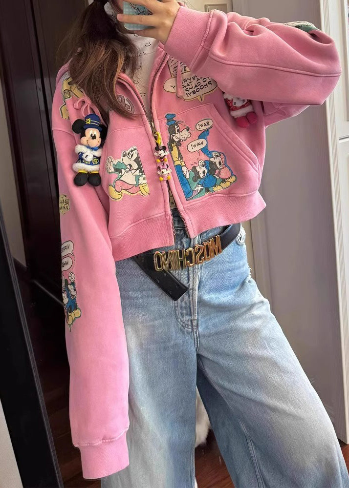 Novelty Pink Oversized Cartoon Print Cotton Hooded Jacket Fall