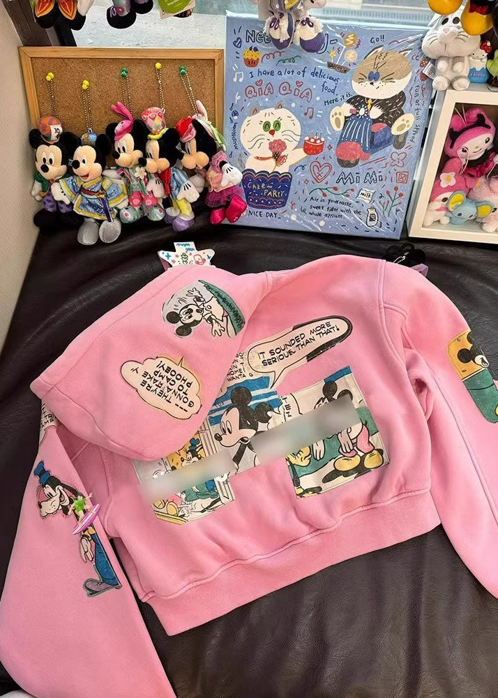Novelty Pink Oversized Cartoon Print Cotton Hooded Jacket Fall