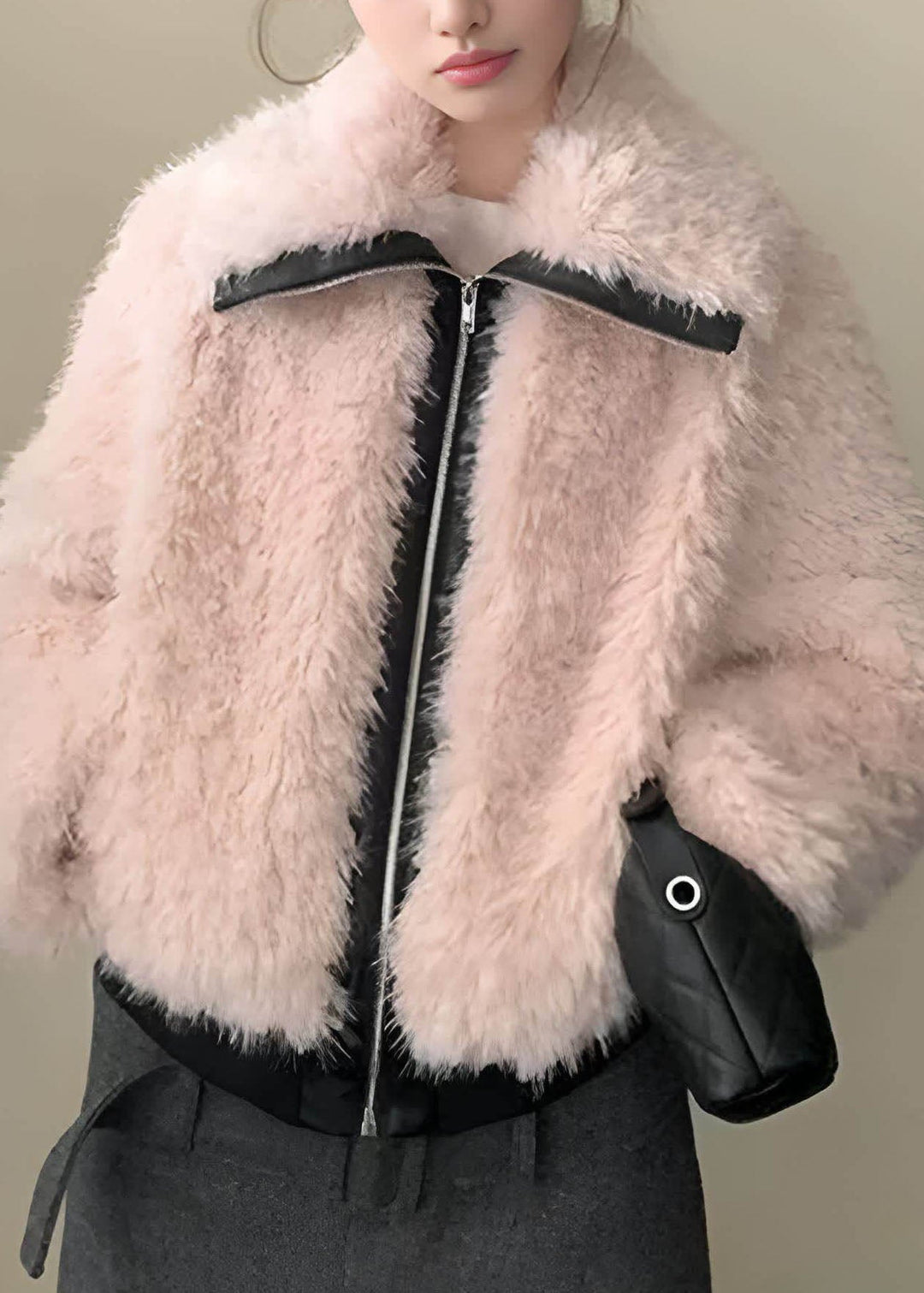 Novelty Pink Peter Pan Collar Patchwork Fuzzy Fur Coat Outwear Lantern Sleeve