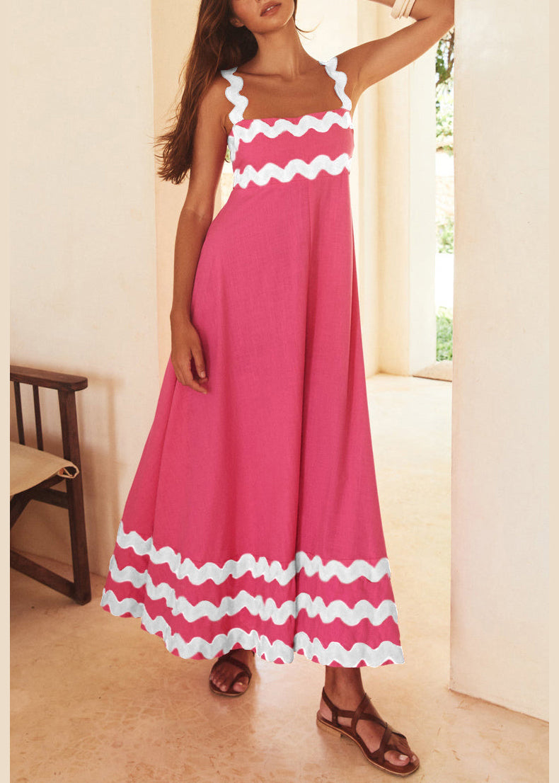 Novelty Pink Print High Waist Patchwork Cotton Dresses Summer
