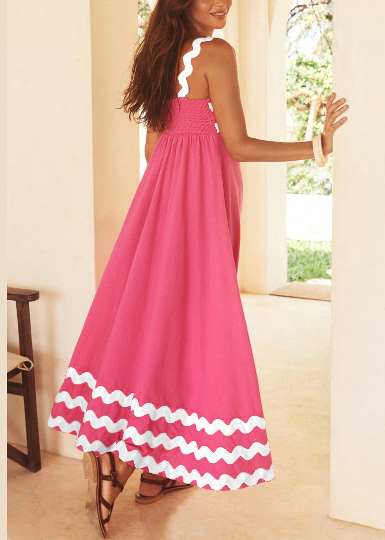 Novelty Pink Print High Waist Patchwork Cotton Dresses Summer