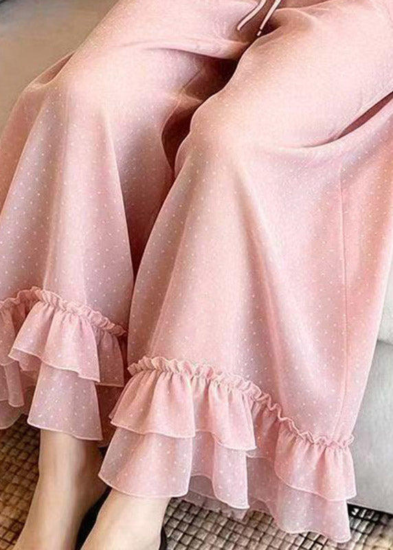 Novelty Pink Ruffled Print Chiffon Crop Pants Summer