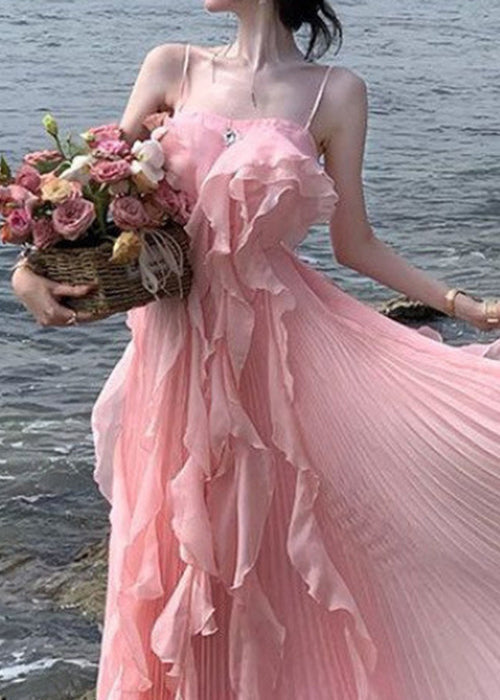 Novelty Pink Ruffled Solid Chiffon Spaghetti Strap Dress Sleeveless