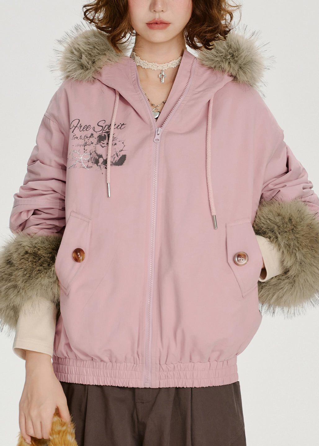 Novelty Pink Zip Up Fur Collar Patchwork Cotton Hooded Jacket Spring