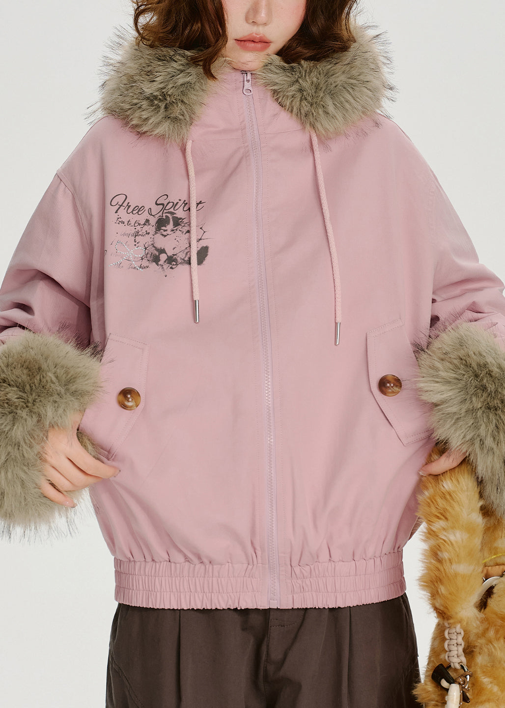 Novelty Pink Zip Up Fur Collar Patchwork Cotton Hooded Jacket Spring