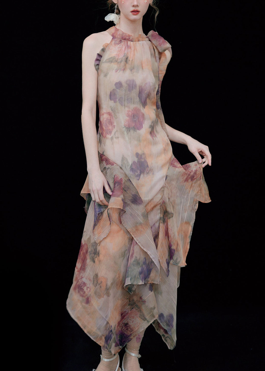 Novelty Print Ruffled Lace Up Cotton Long Dresses Sleeveless