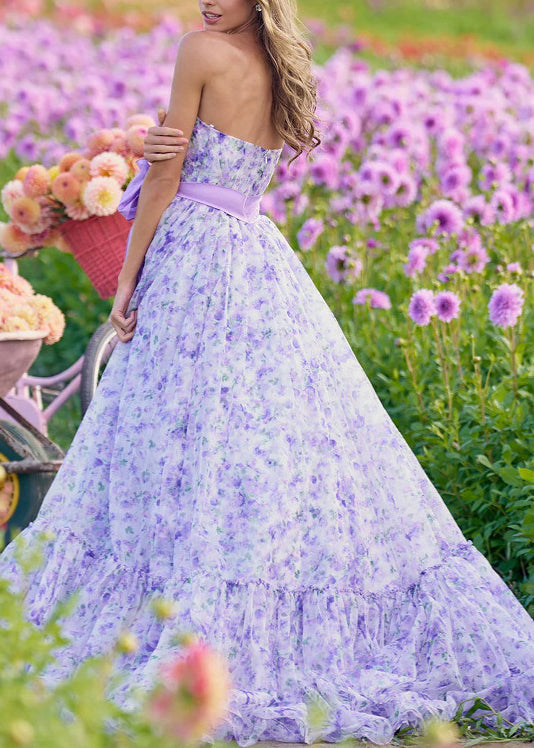 Novelty Purple Print Bow Side Open Maxi Dress Sleeveless
