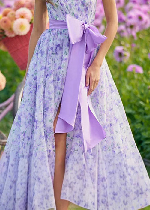 Novelty Purple Print Bow Side Open Maxi Dress Sleeveless