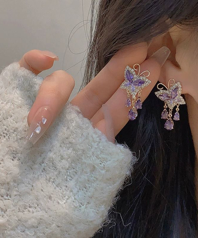 Novelty Purple Sterling Silver Overgild Zircon Crystal Butterfly Love Tassel Drop Earrings