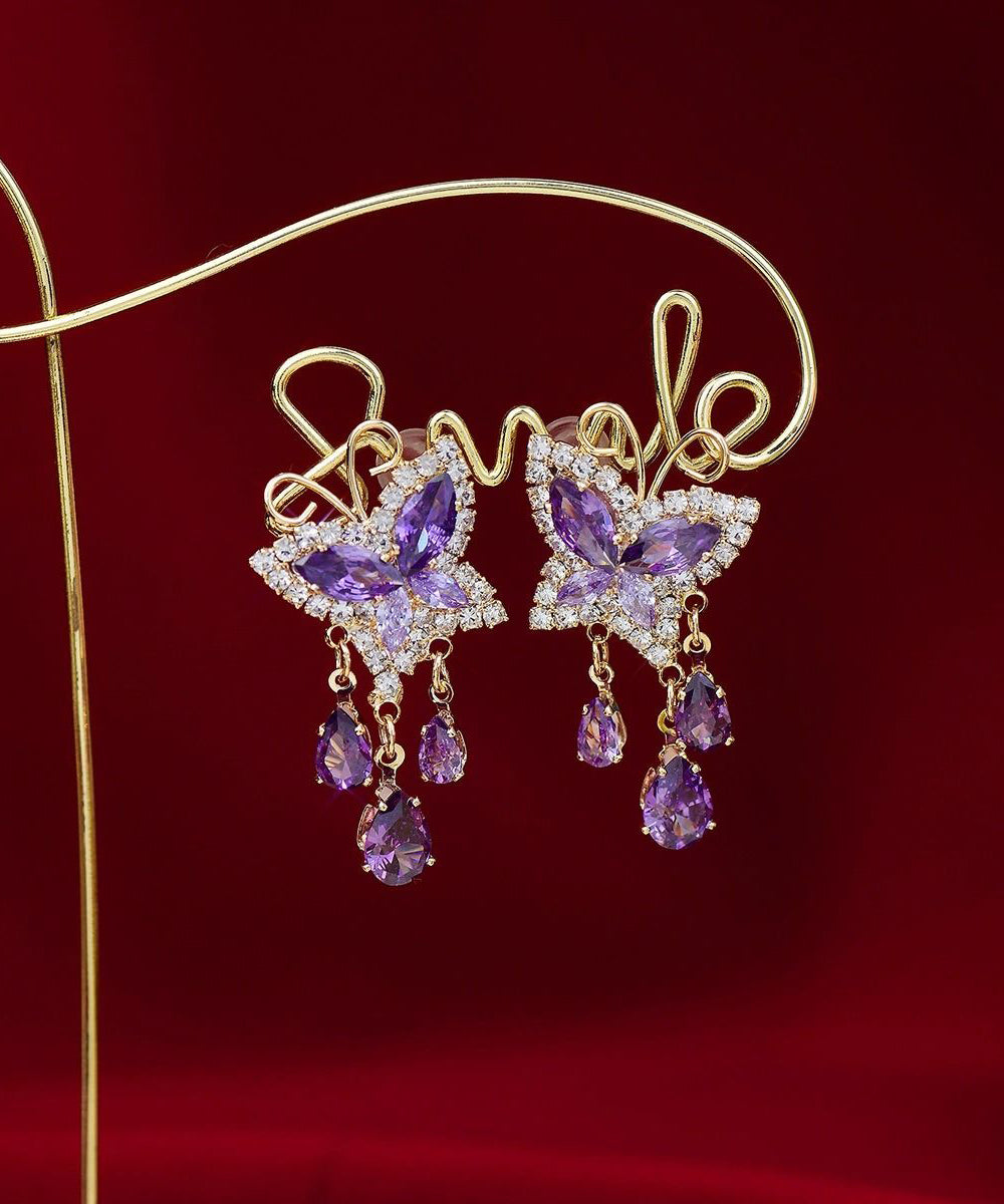 Novelty Purple Sterling Silver Overgild Zircon Crystal Butterfly Love Tassel Drop Earrings
