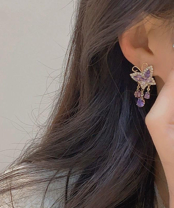 Novelty Purple Sterling Silver Overgild Zircon Crystal Butterfly Love Tassel Drop Earrings