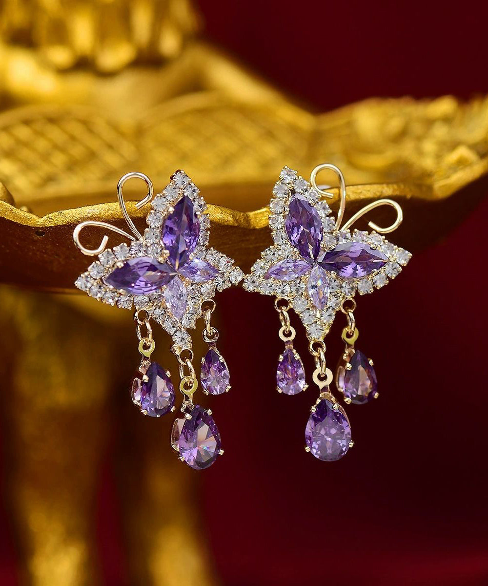 Novelty Purple Sterling Silver Overgild Zircon Crystal Butterfly Love Tassel Drop Earrings