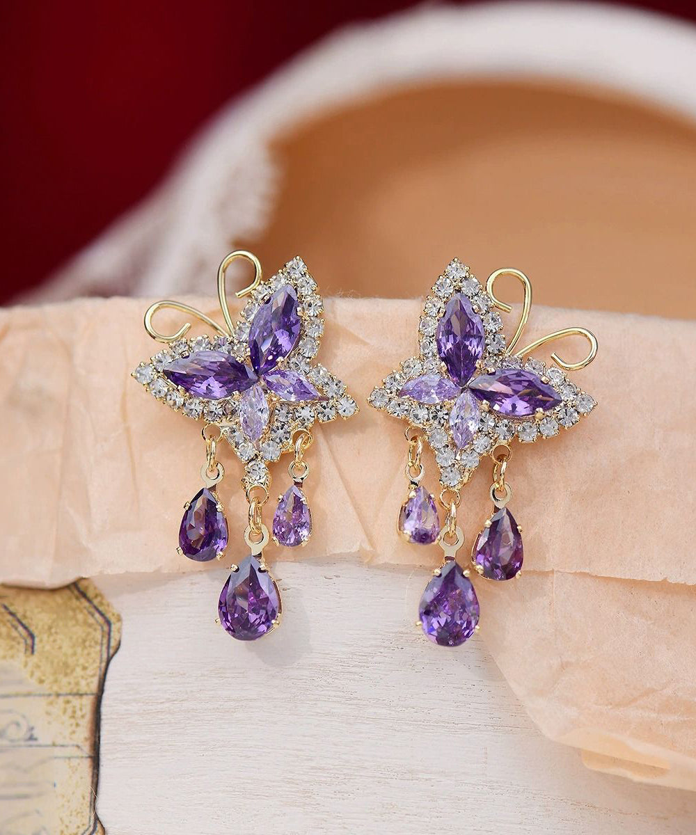 Novelty Purple Sterling Silver Overgild Zircon Crystal Butterfly Love Tassel Drop Earrings