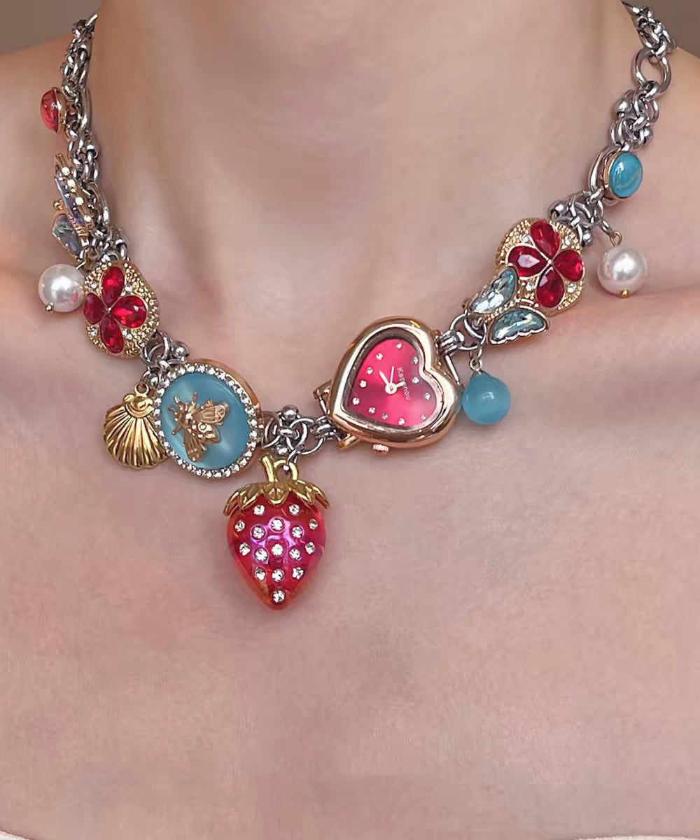 Novelty Rainbow Stainless Steel Strawberry Clock Butterfly Pendant Necklace