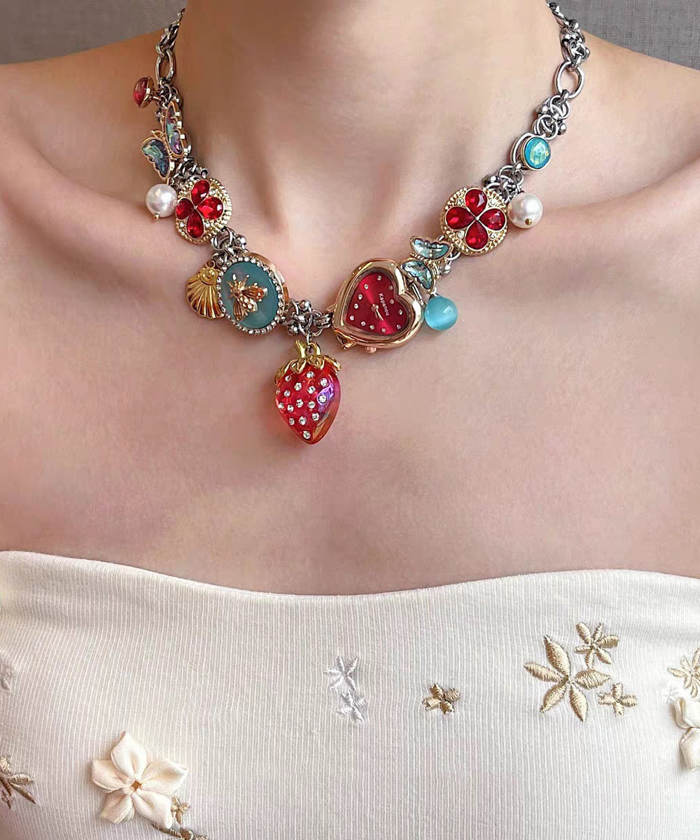 Novelty Rainbow Stainless Steel Strawberry Clock Butterfly Pendant Necklace