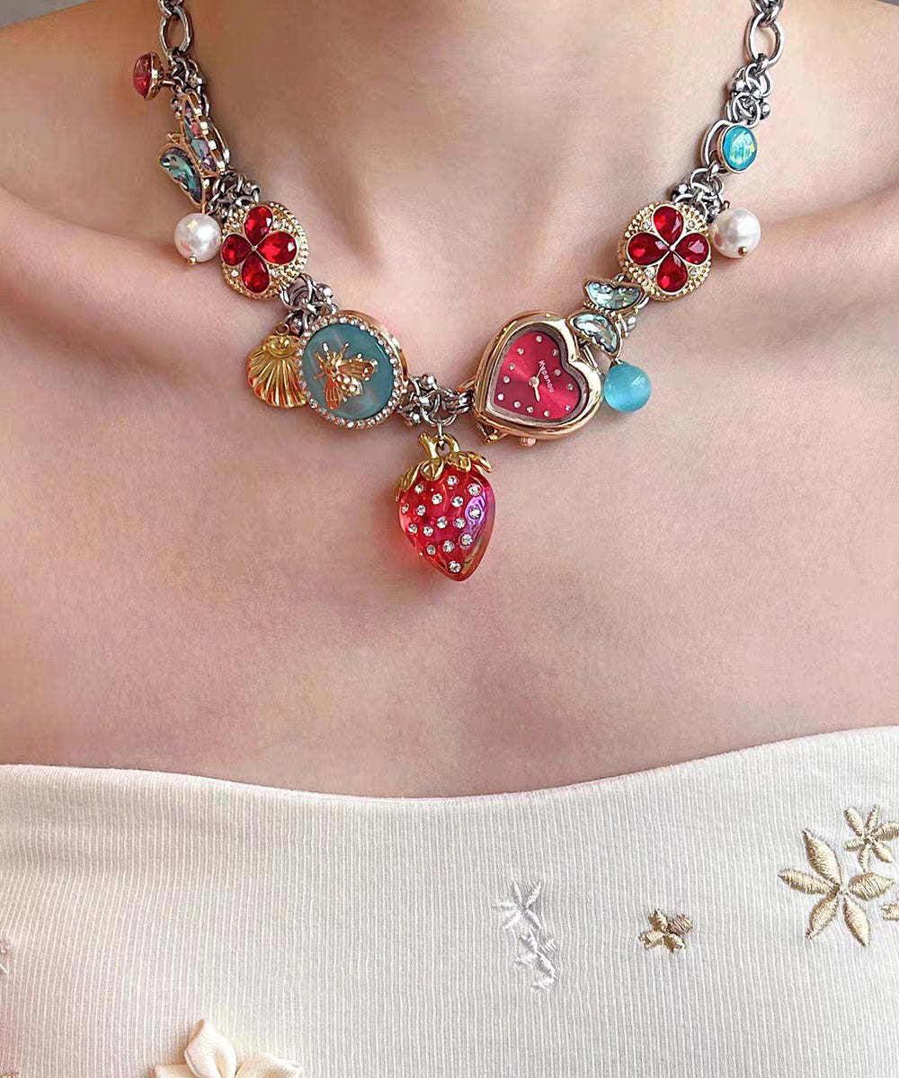 Novelty Rainbow Stainless Steel Strawberry Clock Butterfly Pendant Necklace