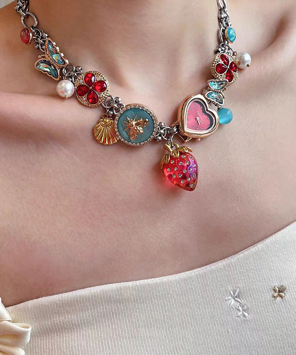 Novelty Rainbow Stainless Steel Strawberry Clock Butterfly Pendant Necklace