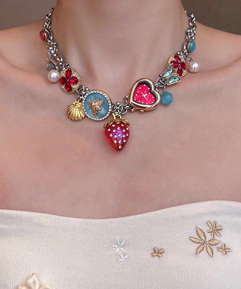 Novelty Rainbow Stainless Steel Strawberry Clock Butterfly Pendant Necklace