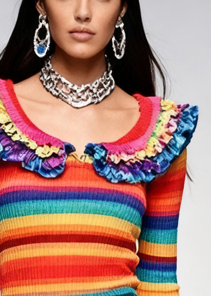 Novelty Rainbow Striped Ruffled Knit Sweaters Spring