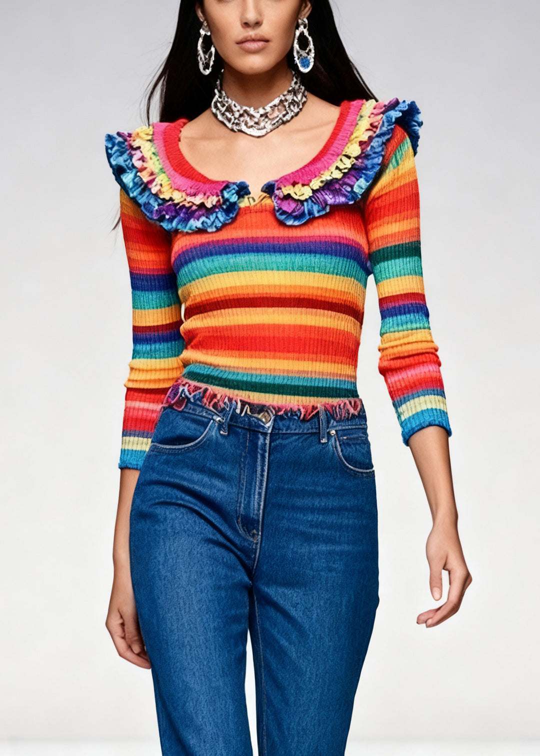 Novelty Rainbow Striped Ruffled Knit Sweaters Spring