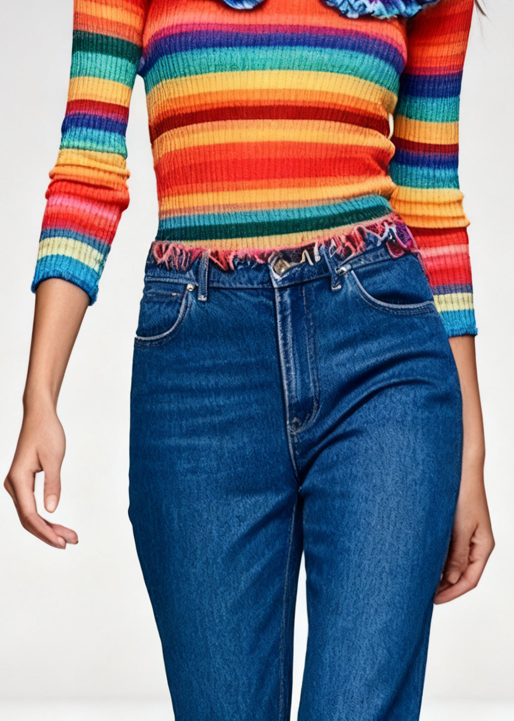Novelty Rainbow Striped Ruffled Knit Sweaters Spring