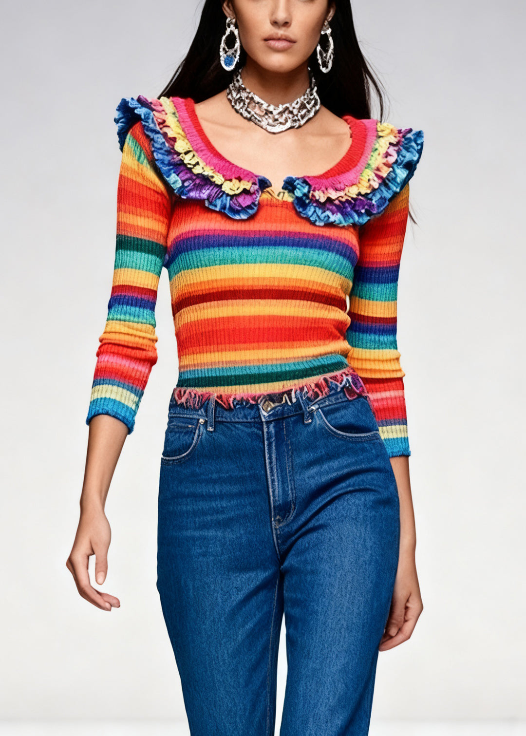 Novelty Rainbow Striped Ruffled Knit Sweaters Spring