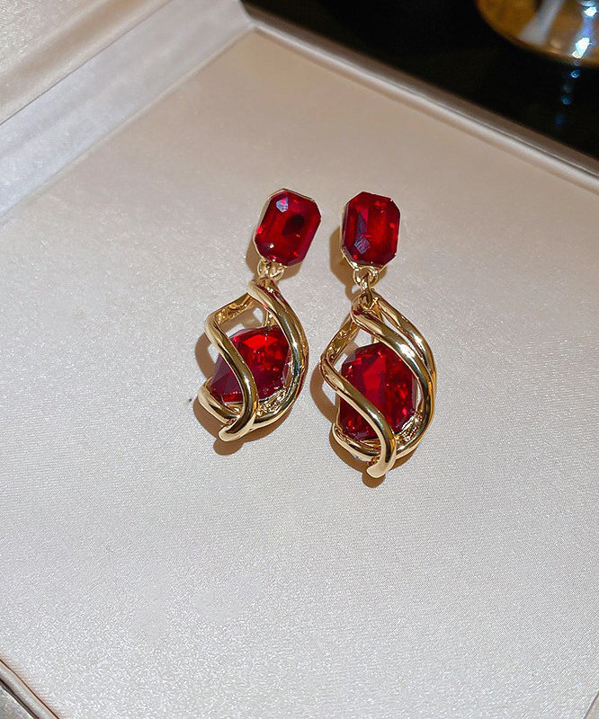 Novelty Red Alloy Zircon Gem Stone Water Drop Drop Earrings