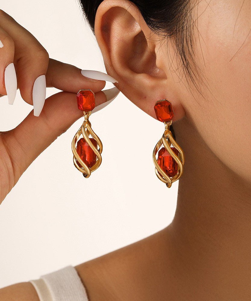Novelty Red Alloy Zircon Gem Stone Water Drop Drop Earrings