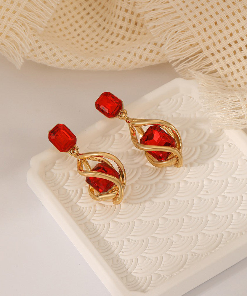 Novelty Red Alloy Zircon Gem Stone Water Drop Drop Earrings