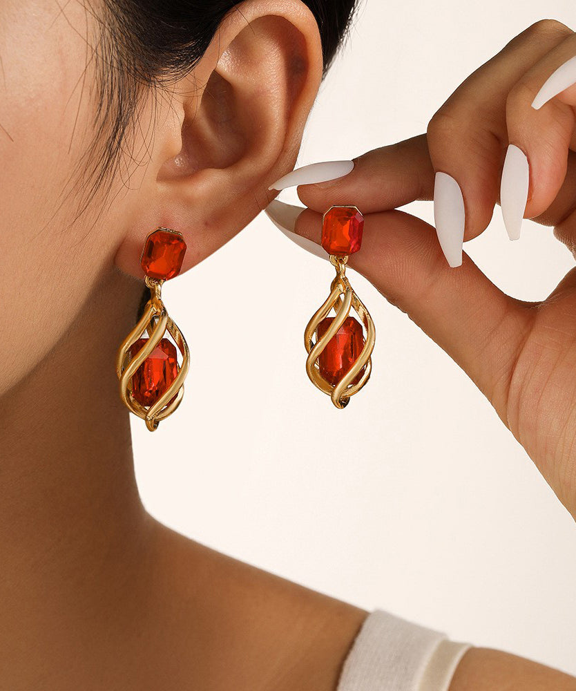 Novelty Red Alloy Zircon Gem Stone Water Drop Drop Earrings