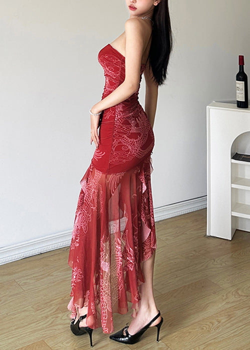 Novelty Red Backless Print Tulle Dress Sleeveless