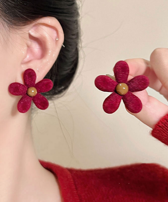 Novelty Red Copper Alloy Flocking Floral Stud Earrings