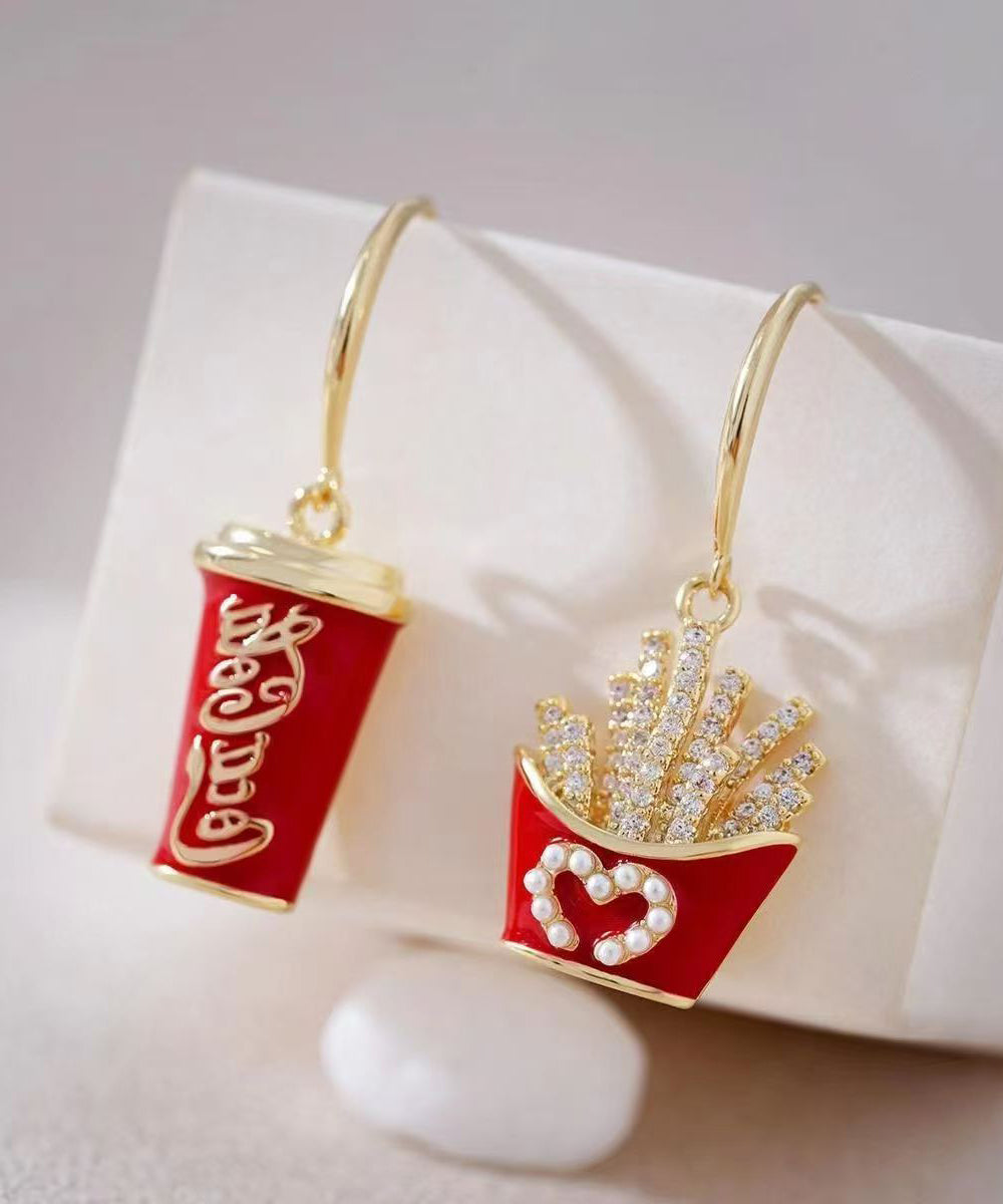 Novelty Red Copper Overgild Asymmetrical Cola And French Fries Drop Earrings