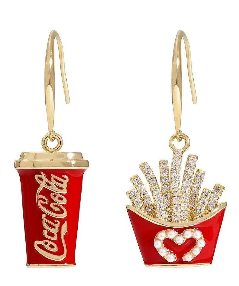 Novelty Red Copper Overgild Asymmetrical Cola And French Fries Drop Earrings