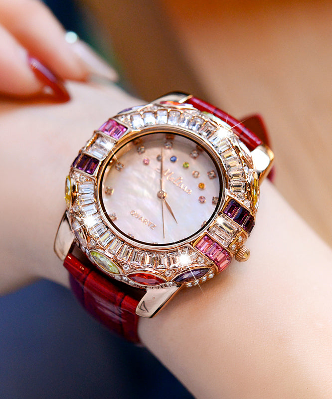 Novelty Red Genuine Leather Zircon Waterproof Watch