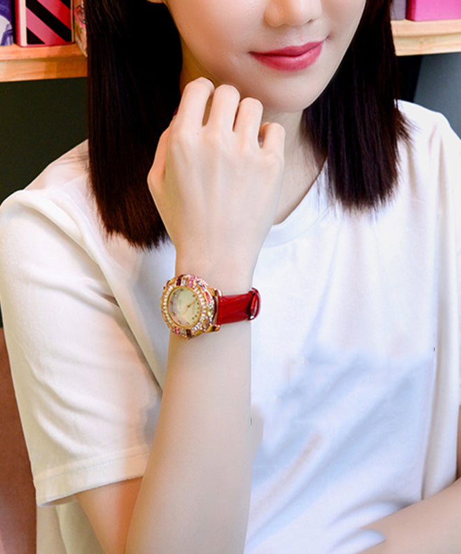 Novelty Red Genuine Leather Zircon Waterproof Watch