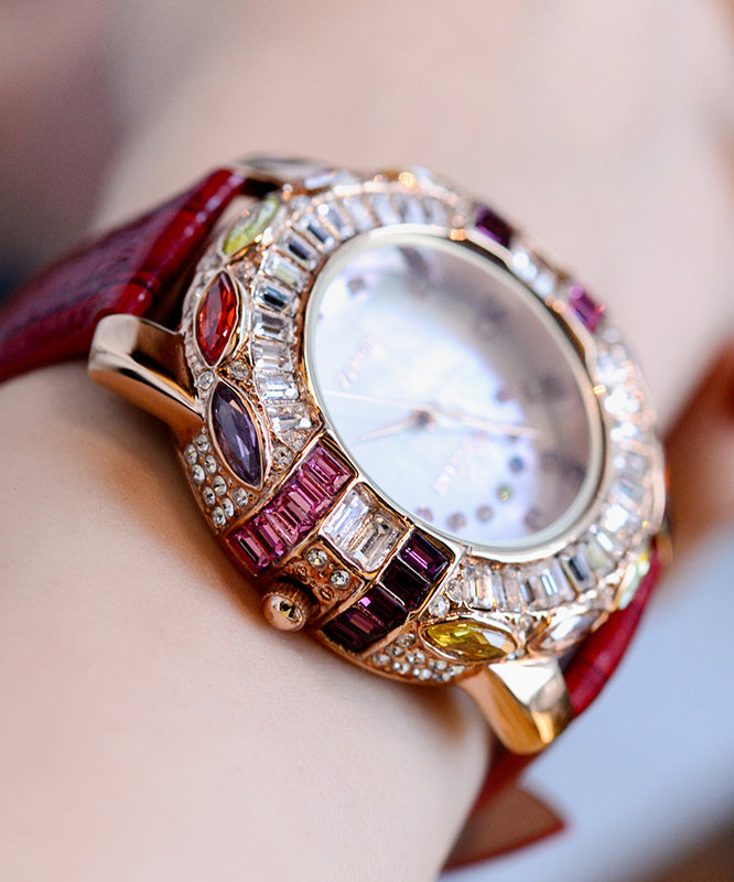 Novelty Red Genuine Leather Zircon Waterproof Watch