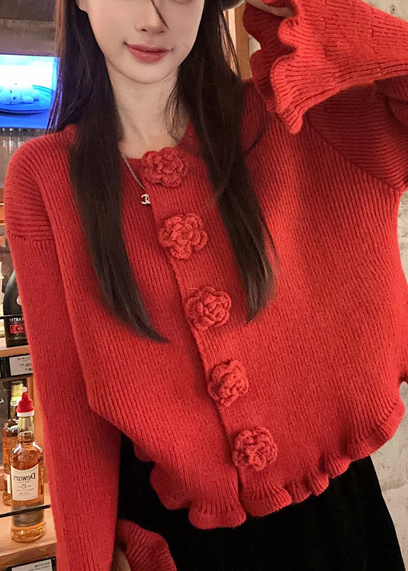 Novelty Red O Neck Floral Solid Knit Sweaters Fall