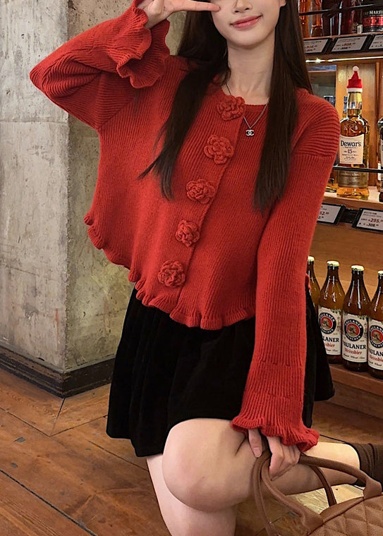 Novelty Red O Neck Floral Solid Knit Sweaters Fall