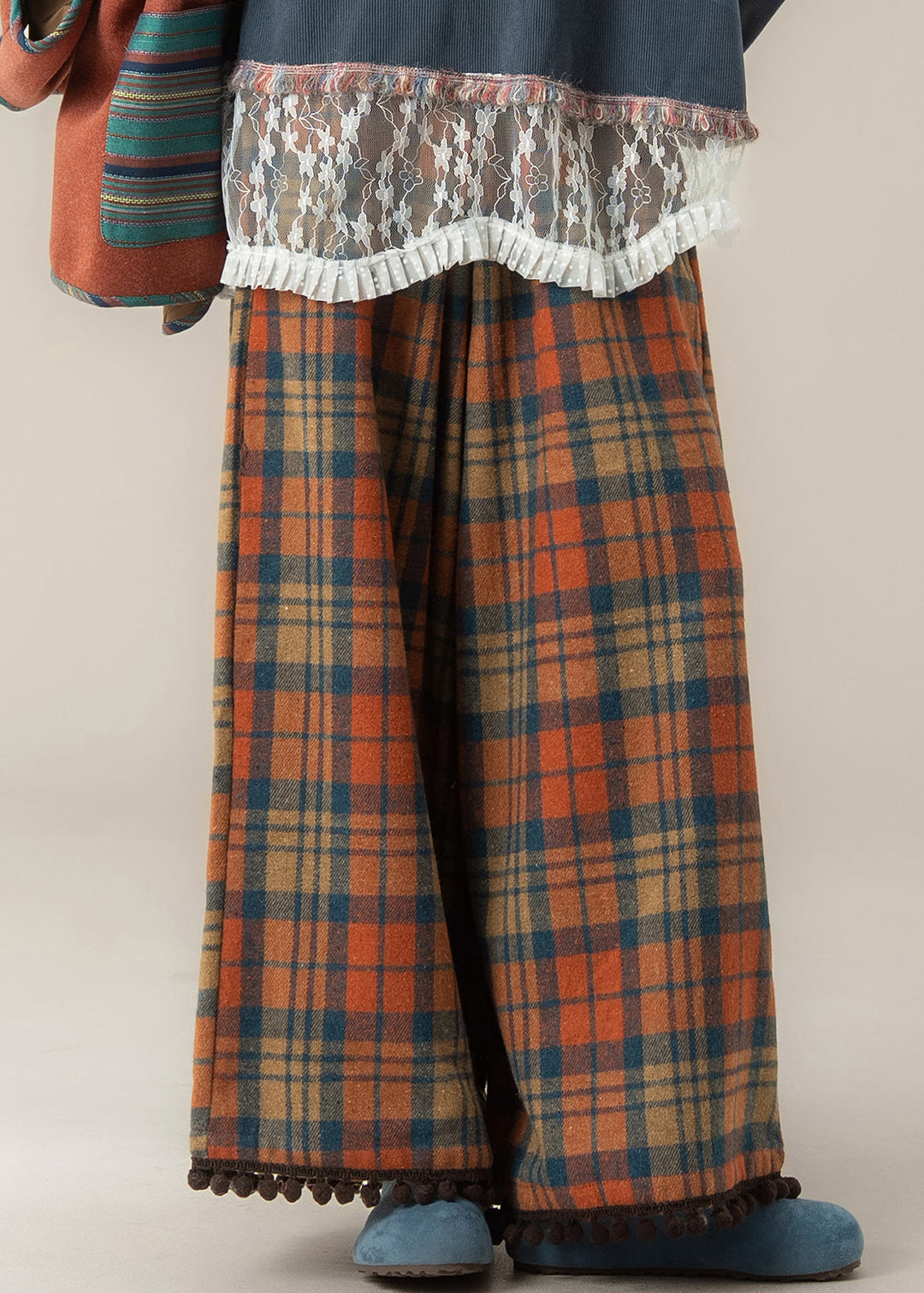 Novelty Red Plaid Pockets Tassel Wide Leg Pants Fall